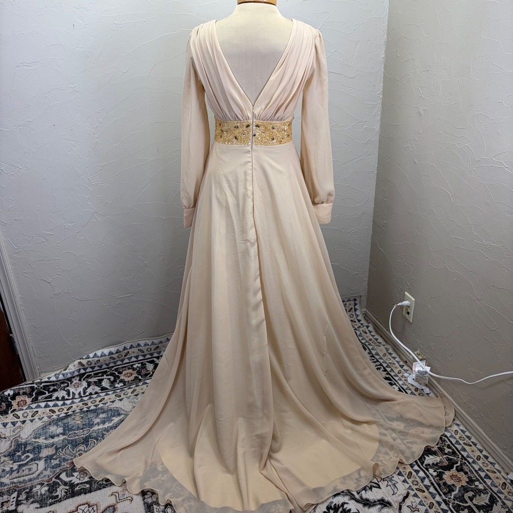 Elegant Formal Gown Beaded Empire Waist Long Sleeve Slit S Regency 70's - Picture 2 of 10